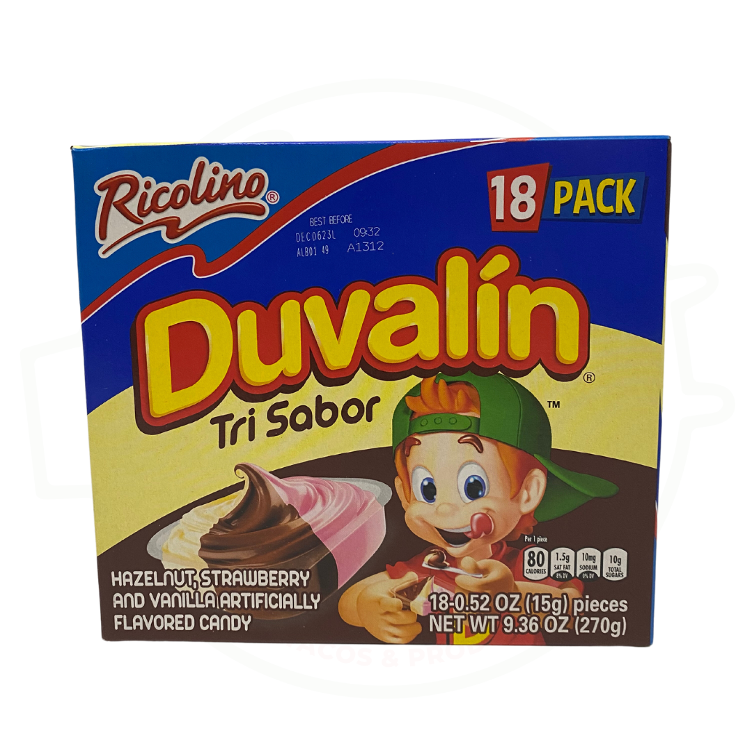 Duvalín tri-sabor avellana, fresa y vainilla, presentación de 18 unidades